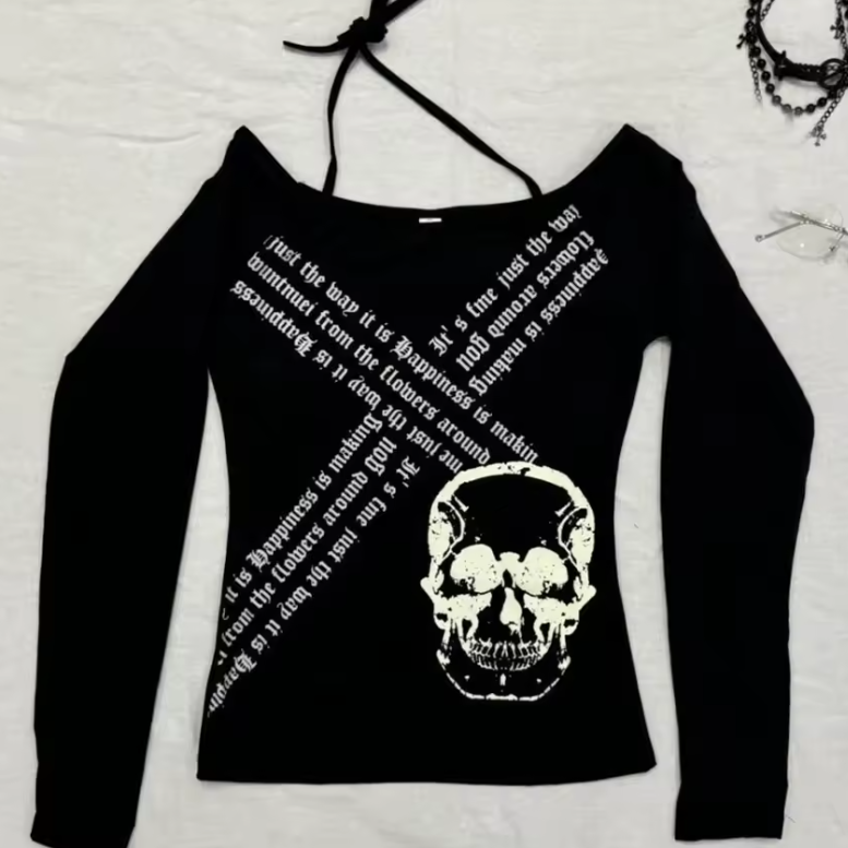 Camisola Manga Longa Gothic Skull Y2K