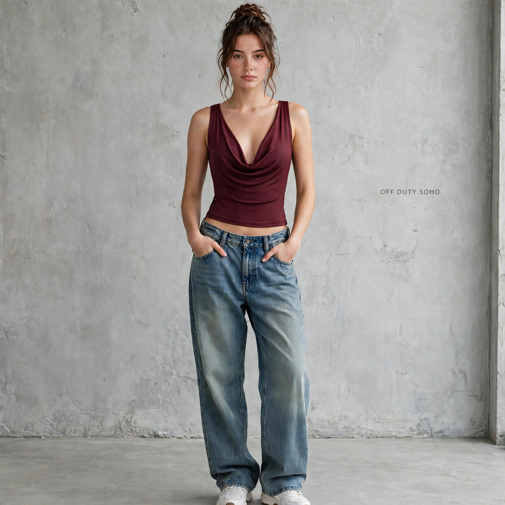 Top Cropped Drapeado Cowl Neck Backless
