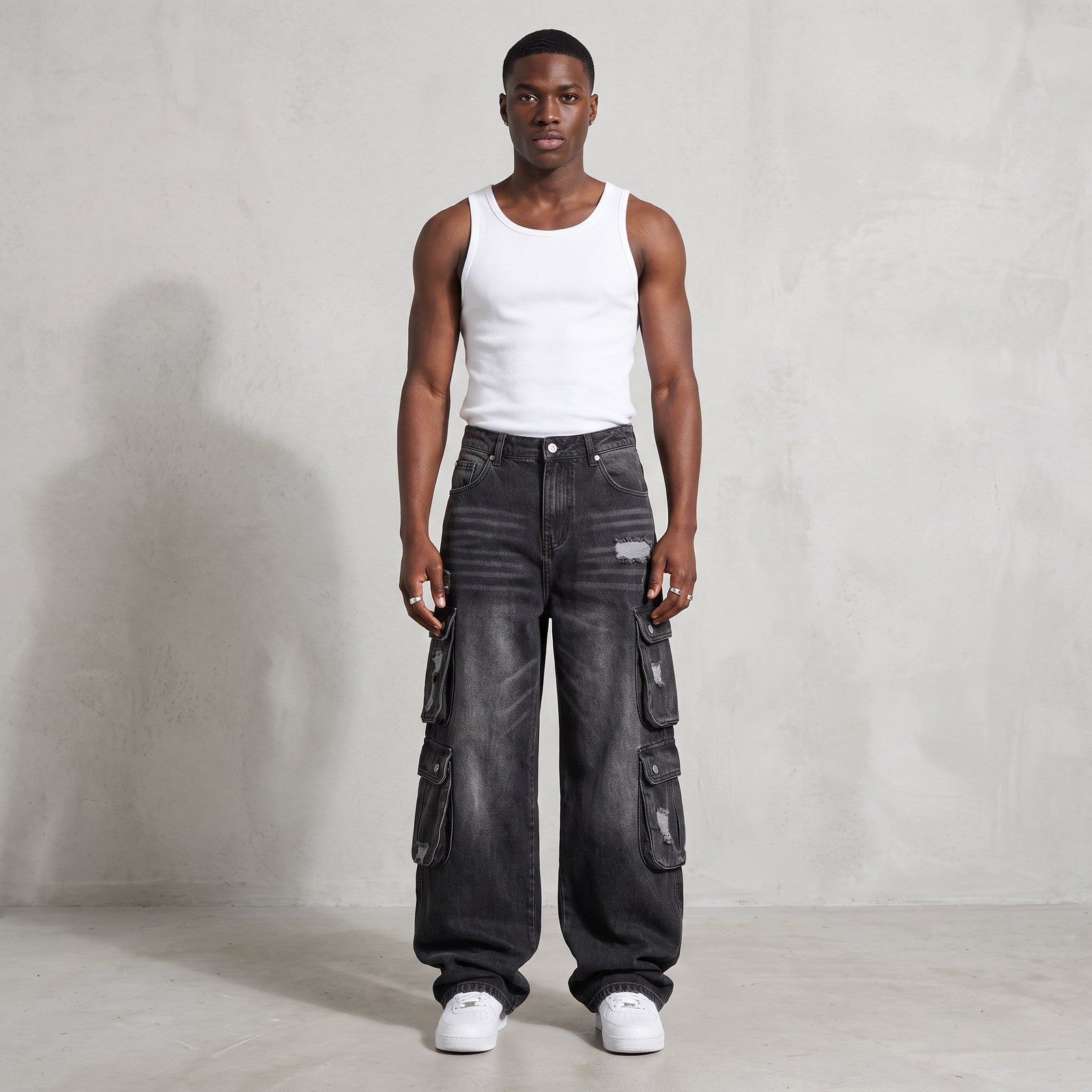 Calças Jeans Cargo Baggy Multi-Pocket Distressed