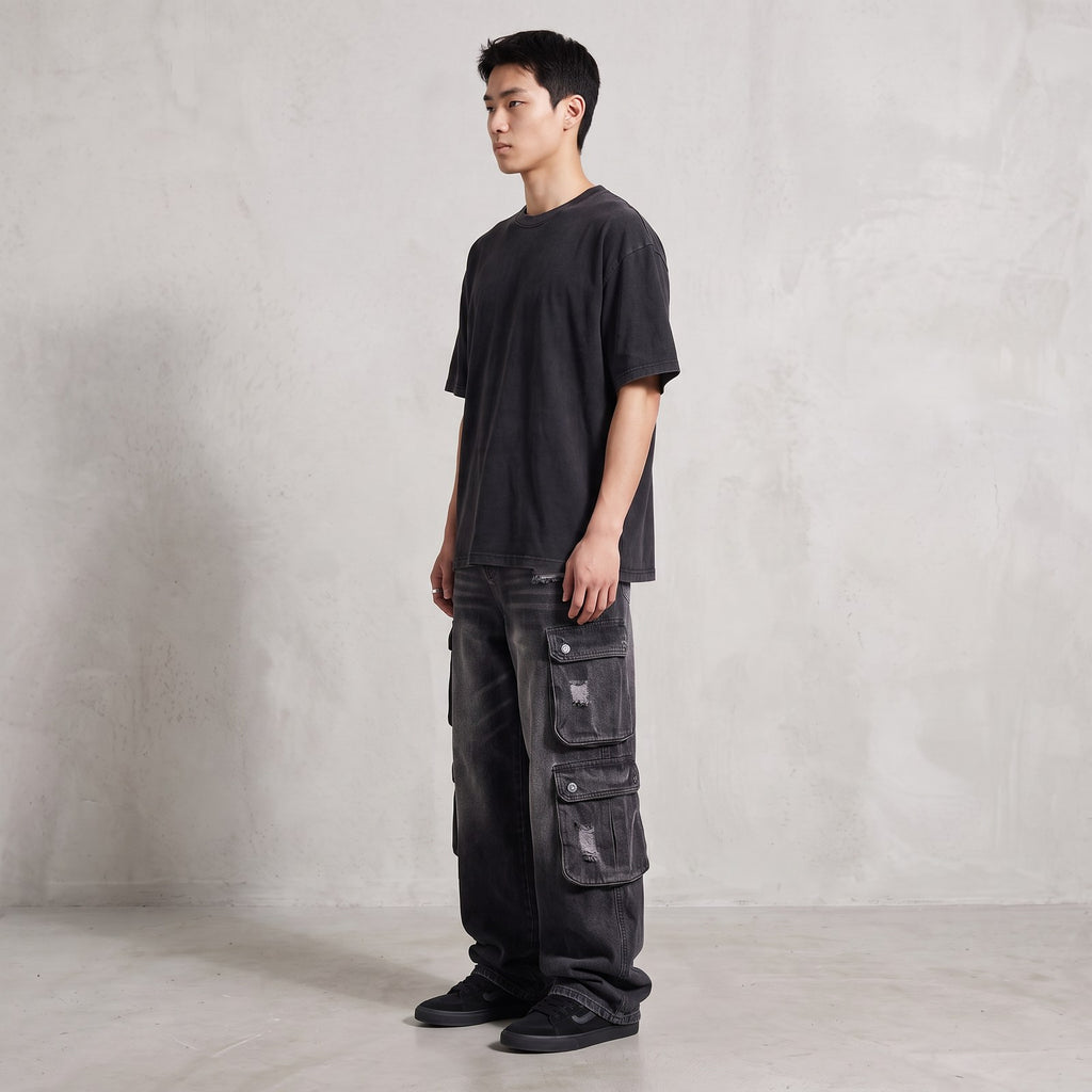 Calças Jeans Cargo Baggy Multi-Pocket Distressed