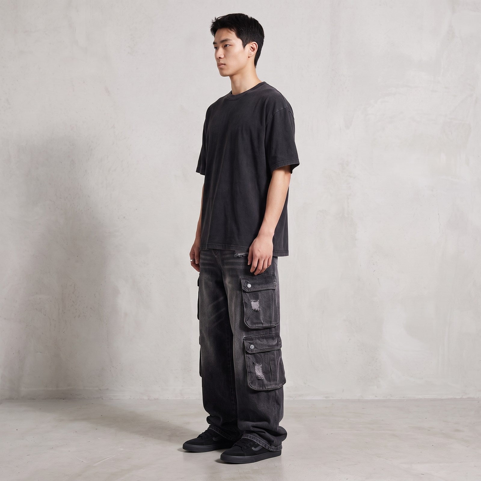 Calças Jeans Cargo Baggy Multi-Pocket Distressed