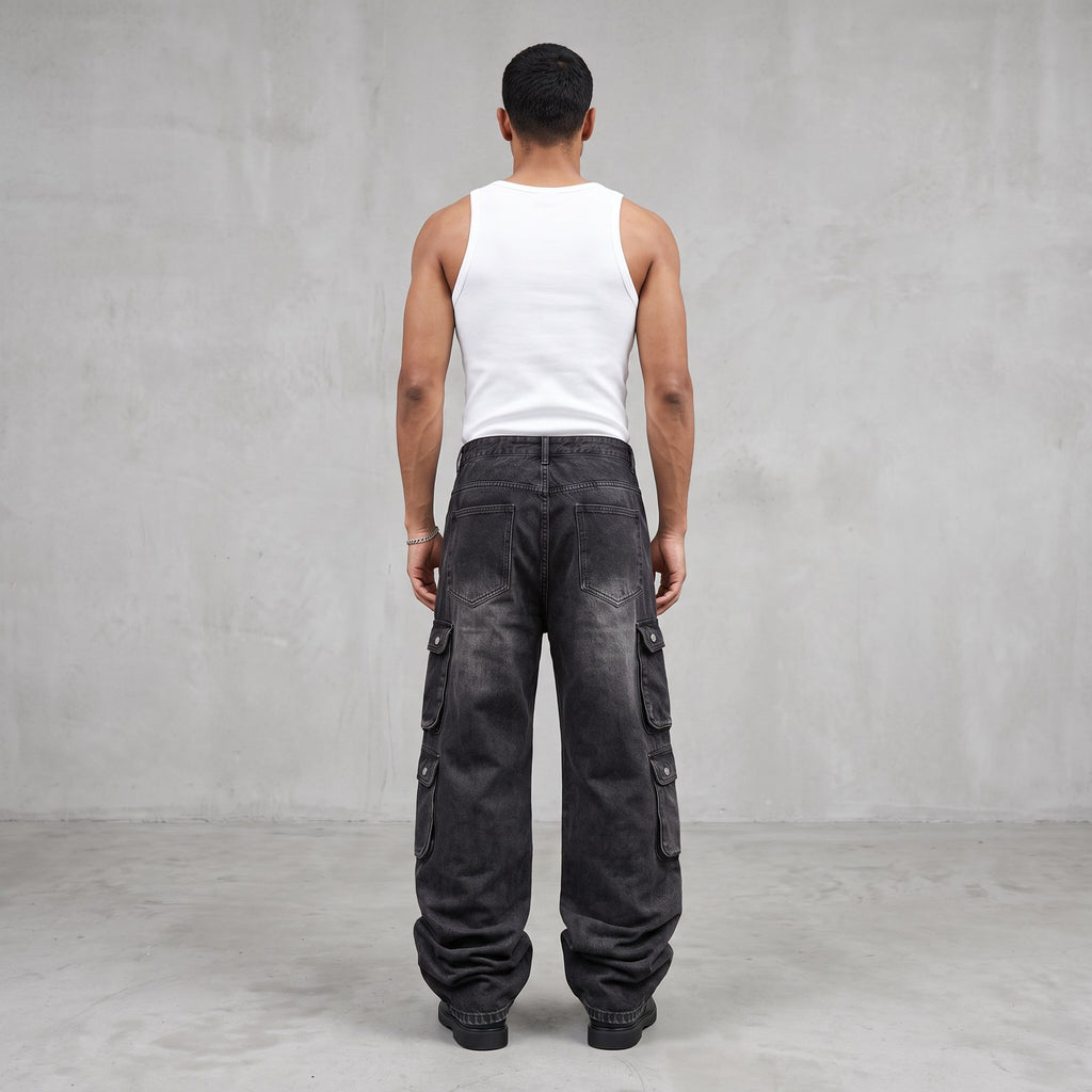 Calças Jeans Cargo Baggy Multi-Pocket Distressed