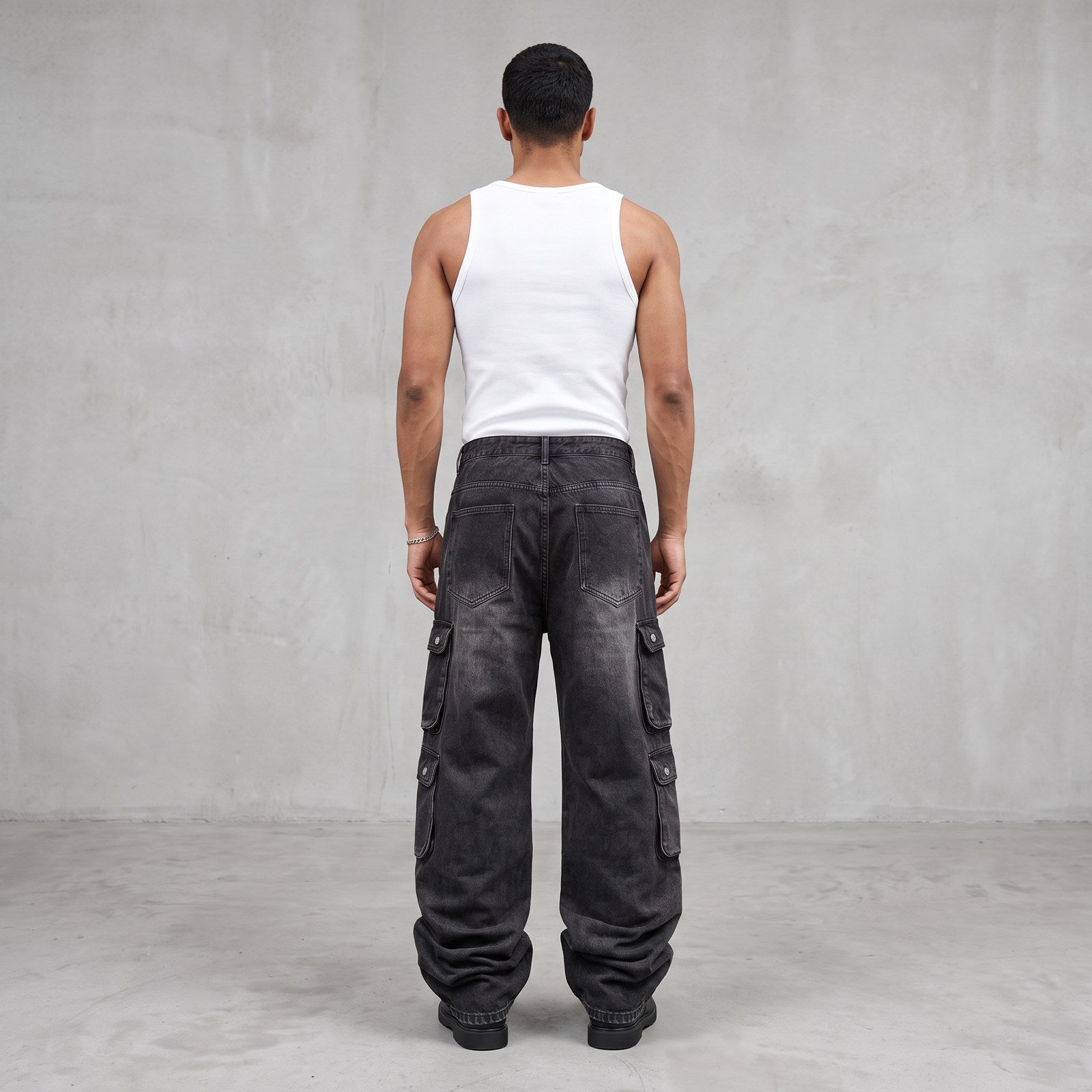 Calças Jeans Cargo Baggy Multi-Pocket Distressed