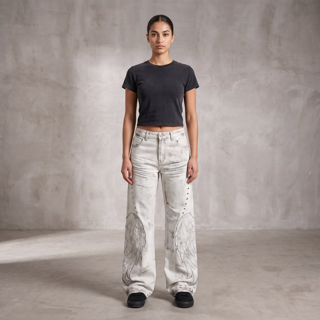 Calças Jeans Flared Wings Embroidery Y2K