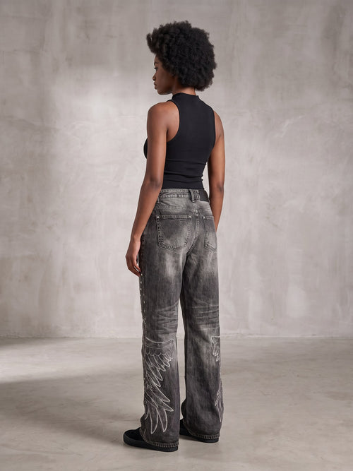 Calças Jeans Flared Wings Embroidery Y2K