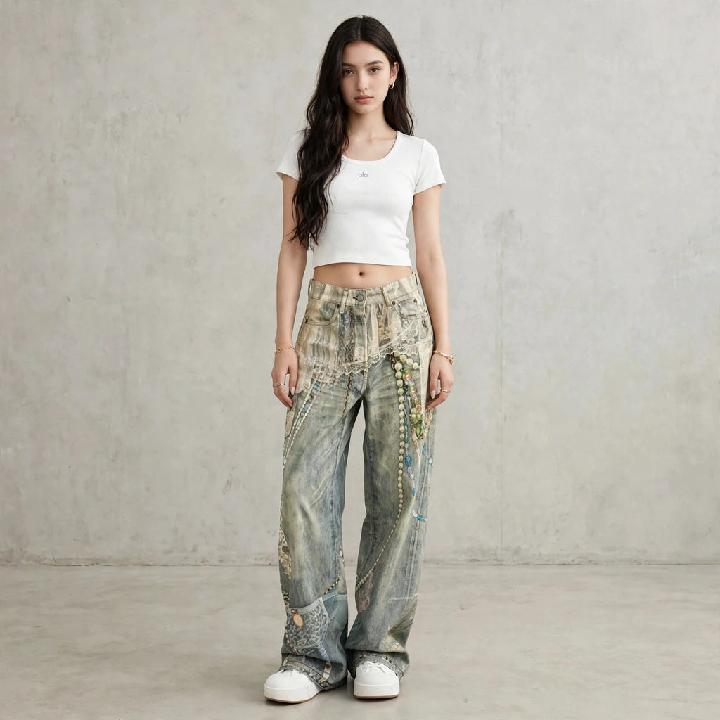 Calças Jeans Baggy Y2K Printed Pearl Chain