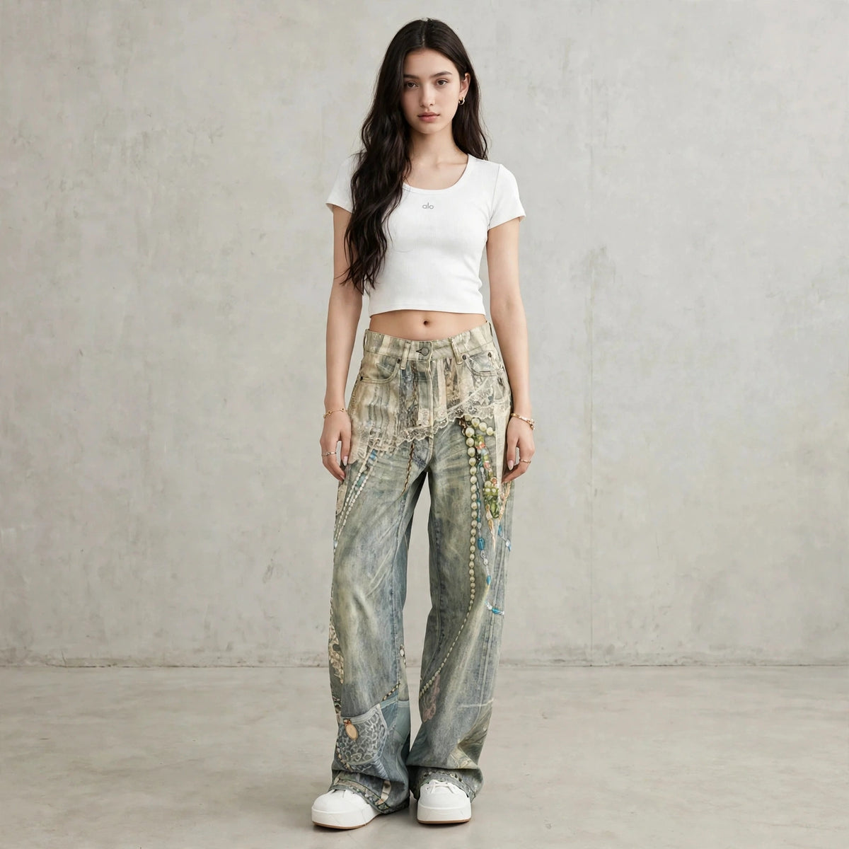 Calças Jeans Baggy Y2K Printed Pearl Chain