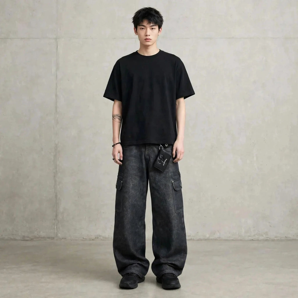 Calças Jeans Wide Leg Multi-Pockets Black