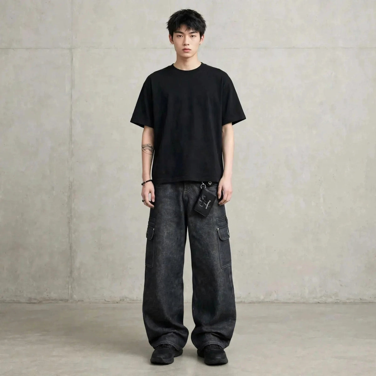 Calças Jeans Wide Leg Multi-Pockets Black