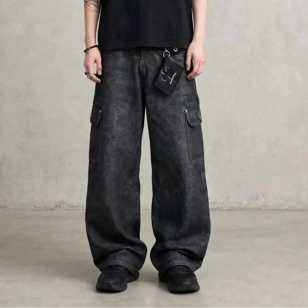 Calças Jeans Wide Leg Multi-Pockets Black