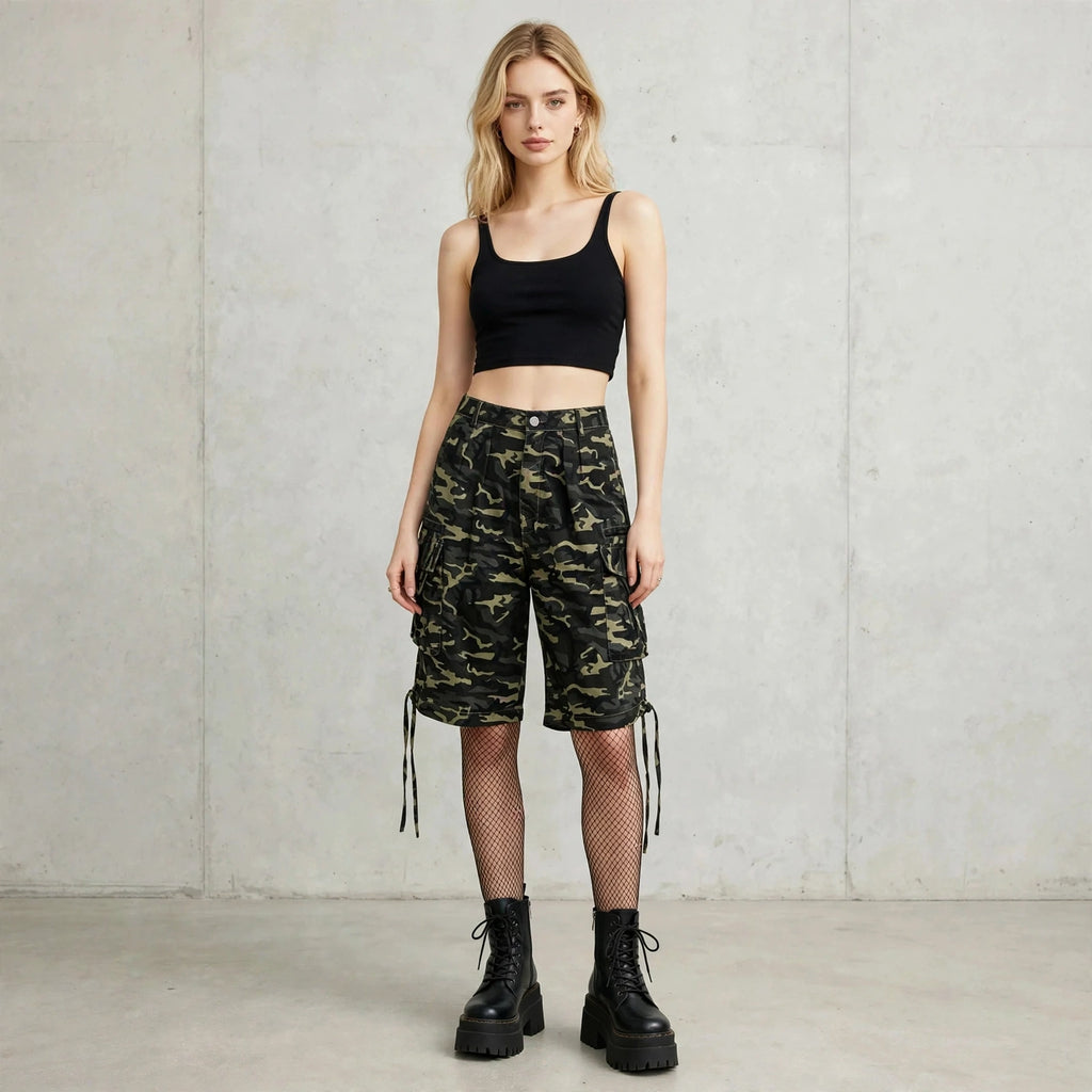 Calções Cargo Camuflados Y2K Drawstring