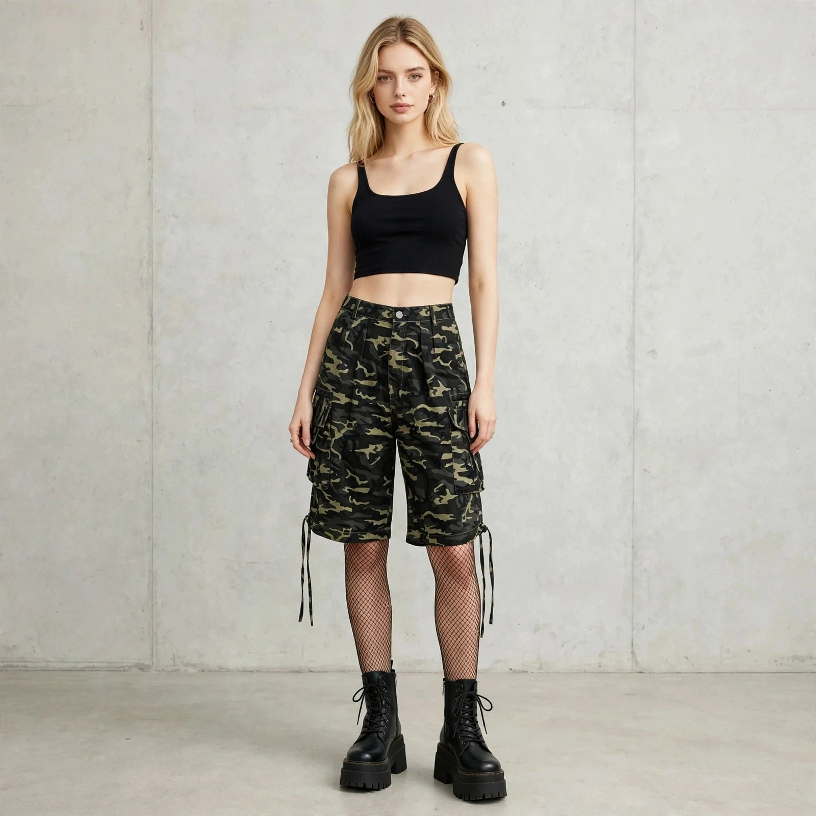 Calções Cargo Camuflados Y2K Drawstring