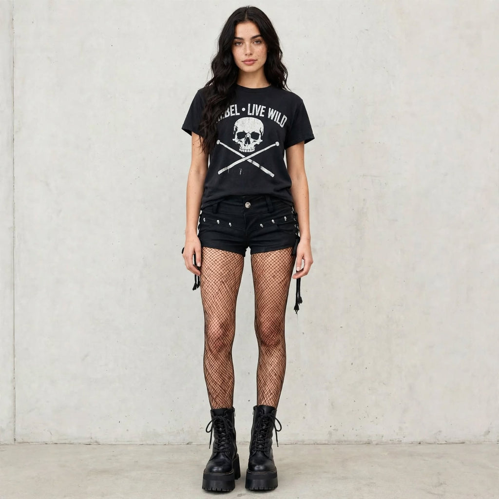 Calções Jeans Góticos Low-Rise "SKULL LACE-UP SHORTS"