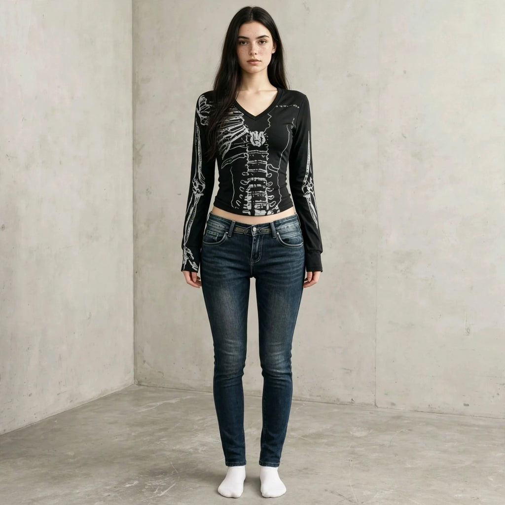Camisola Manga Longa "SKELETON GOTH" Decote em V