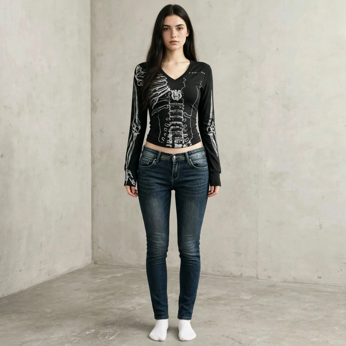 Camisola Manga Longa "SKELETON GOTH" Decote em V