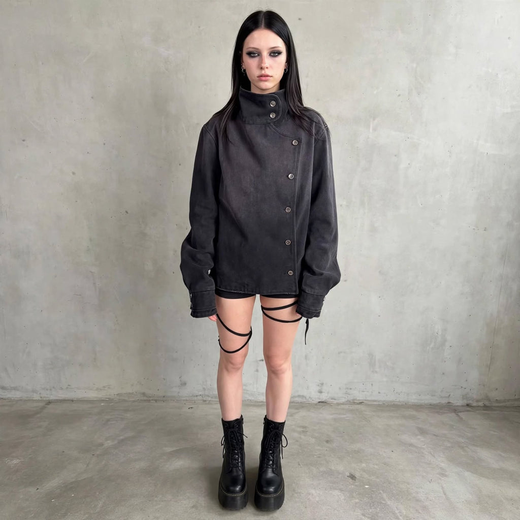 Jaqueta Denim Asimétrica Y2K Stand Collar