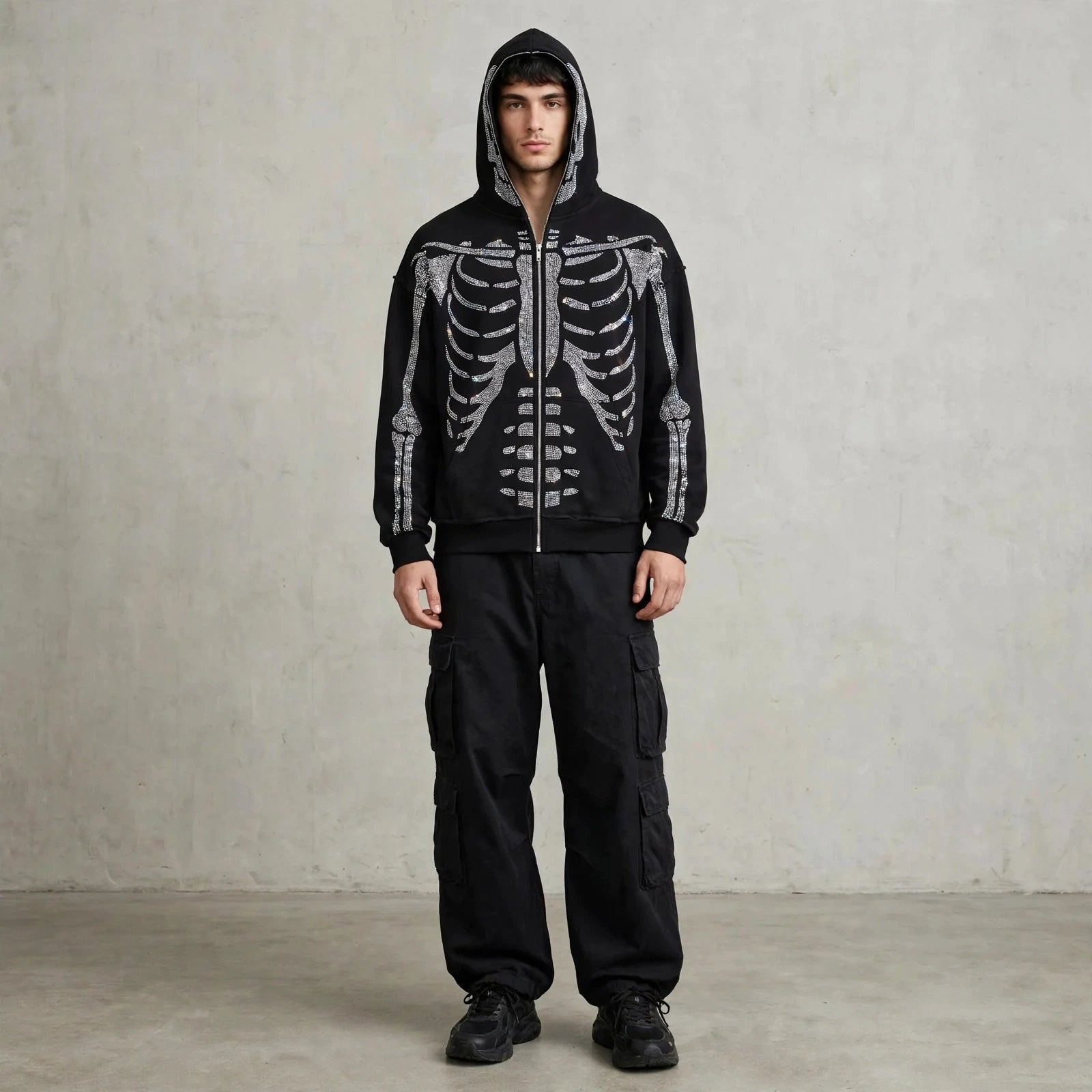 Casaco Full Zip Skeleton Rhinestone Oversized