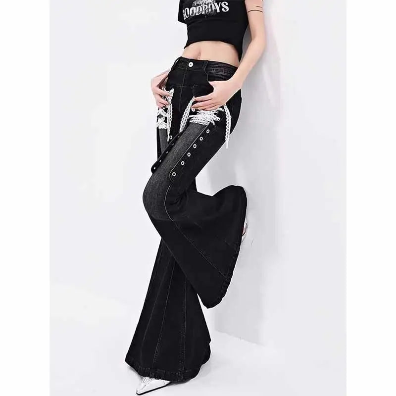 Calças Jeans Flared Lace-Up Goth Black