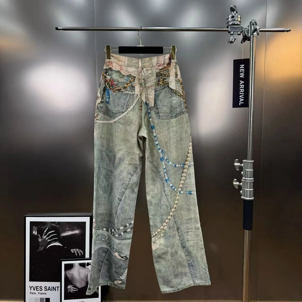 Calças Jeans Baggy Y2K Printed Pearl Chain