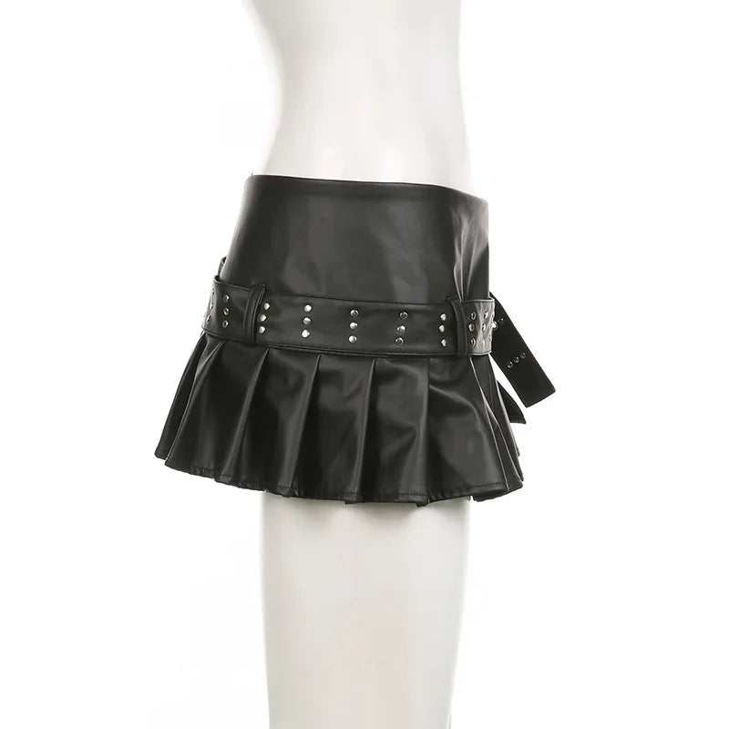 Mini Saia Plissada em Pele Sintética com Cinto "ZIPPER BELTED LEATHER MINI SKIRT"