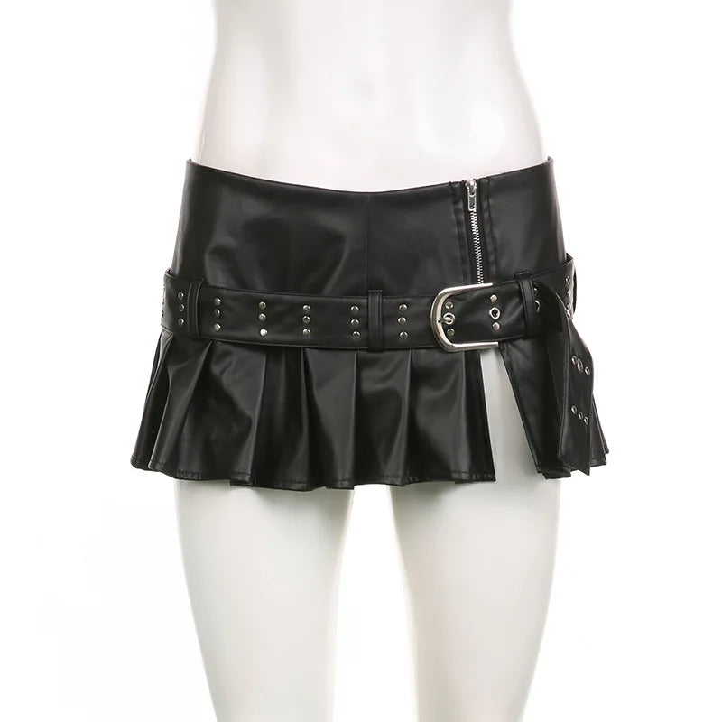 Mini Saia Plissada em Pele Sintética com Cinto "ZIPPER BELTED LEATHER MINI SKIRT"