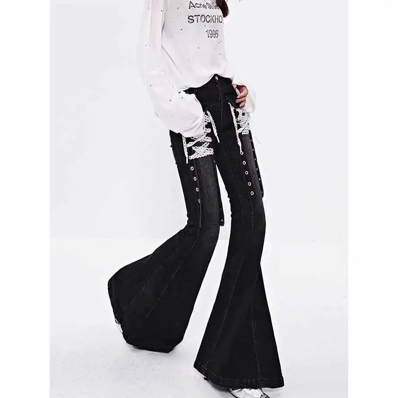 Calças Jeans Flared Lace-Up Goth Black