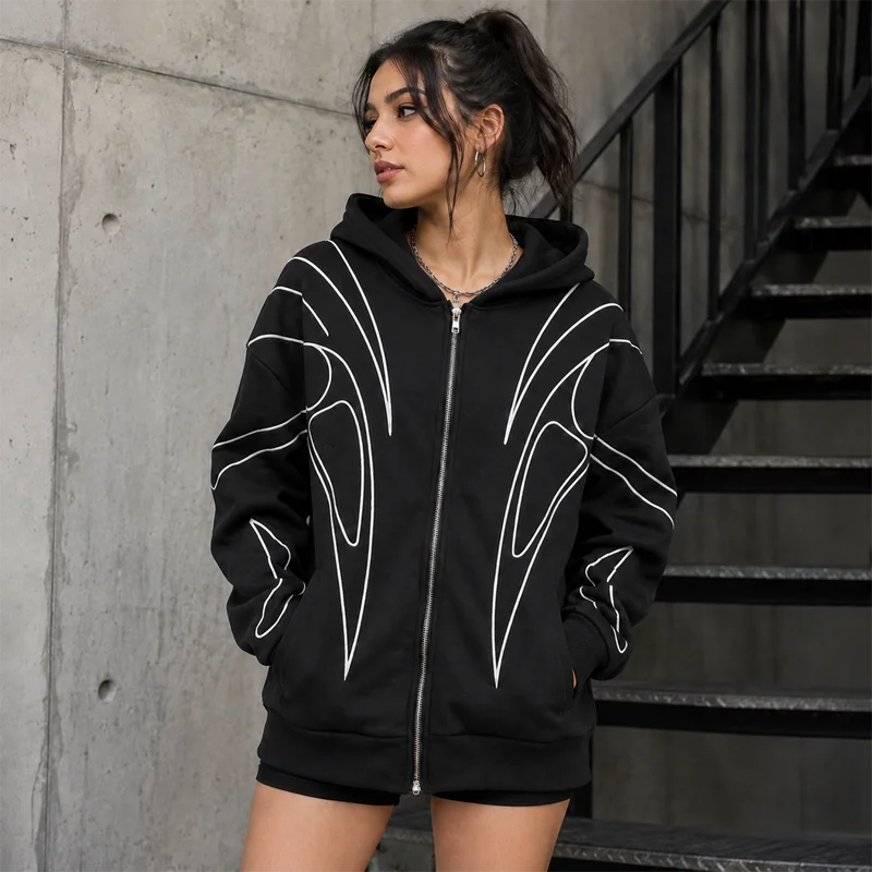 Casaco Zip Hooded Graphic Streetwear Oversized