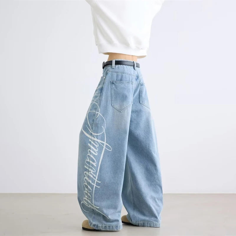 Calças Jeans Baggy Lettering Print Retro