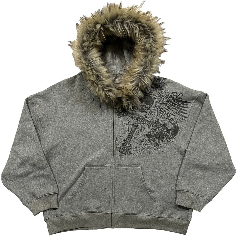 Casaco Hoodie Y2K Fur Hood Zip-Up