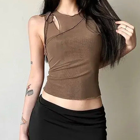Top Y2K Asymmetrical Mesh Cutout
