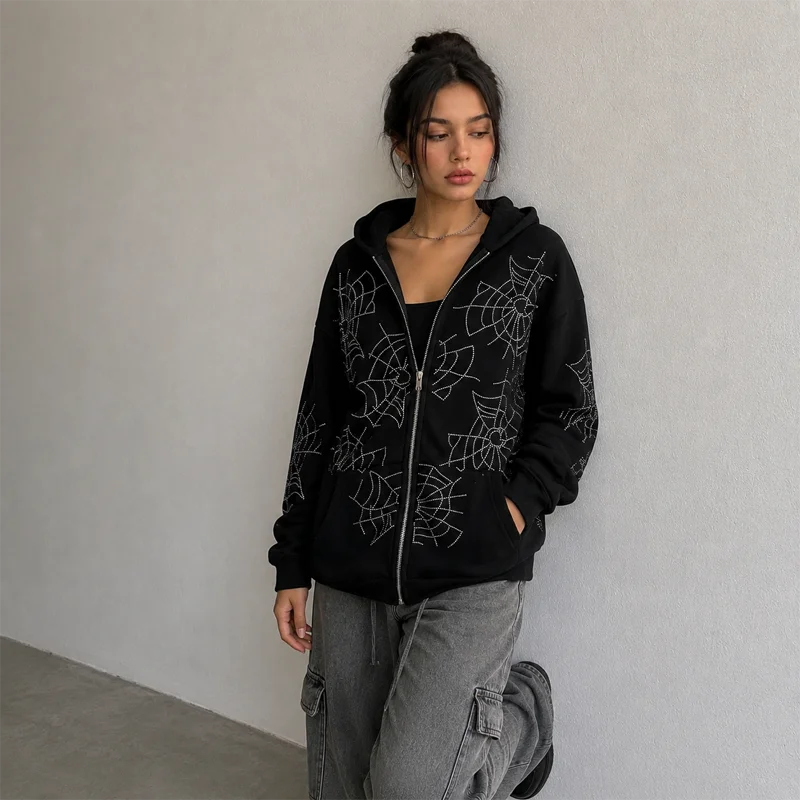 Casaco Hoodie Zip Spider Web Rhinestone