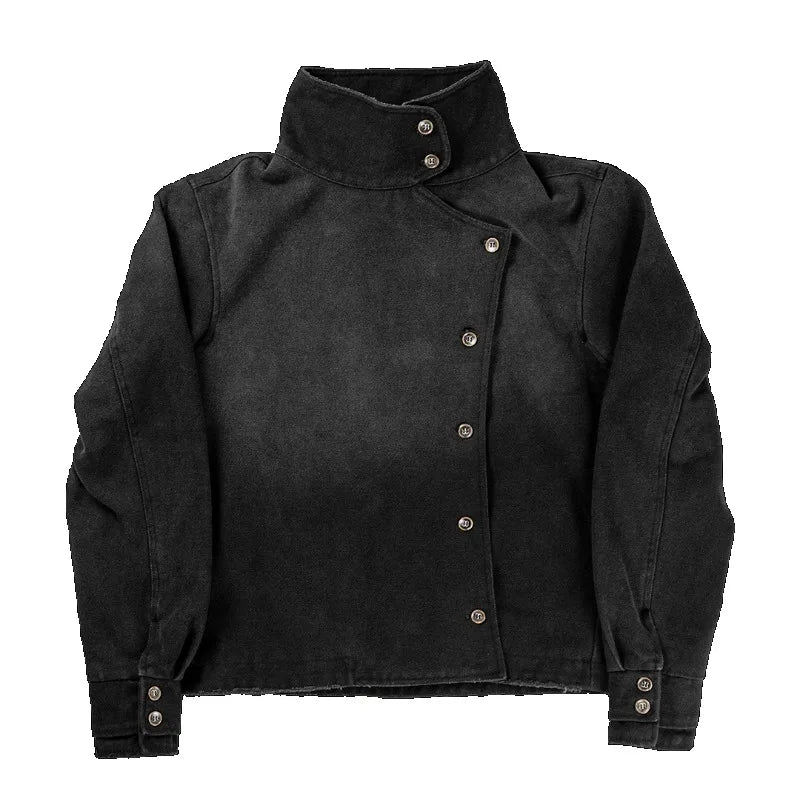 Jaqueta Denim Asimétrica Y2K Stand Collar