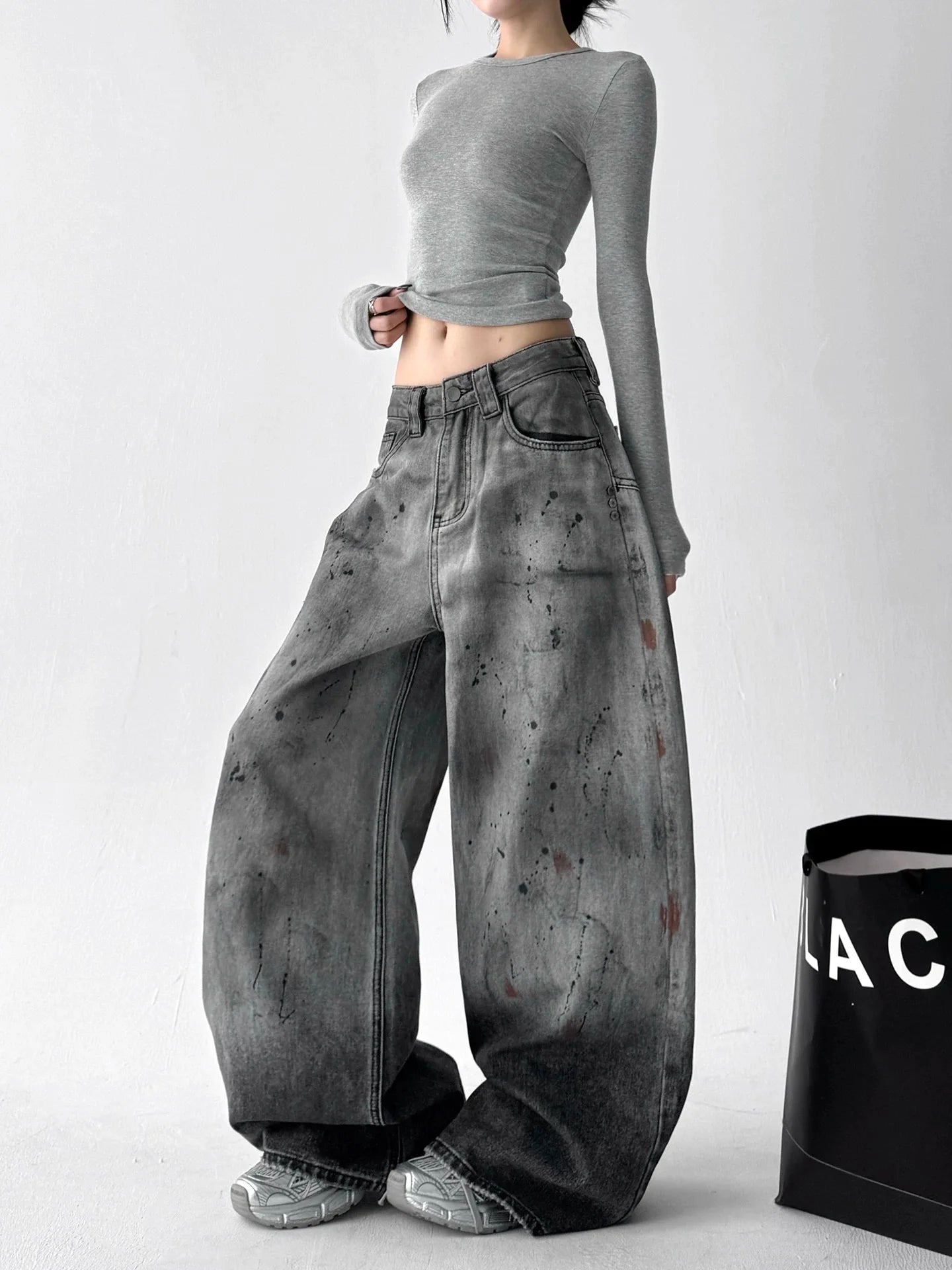 Calças Jeans Y2K Wide Leg Paint Splatter