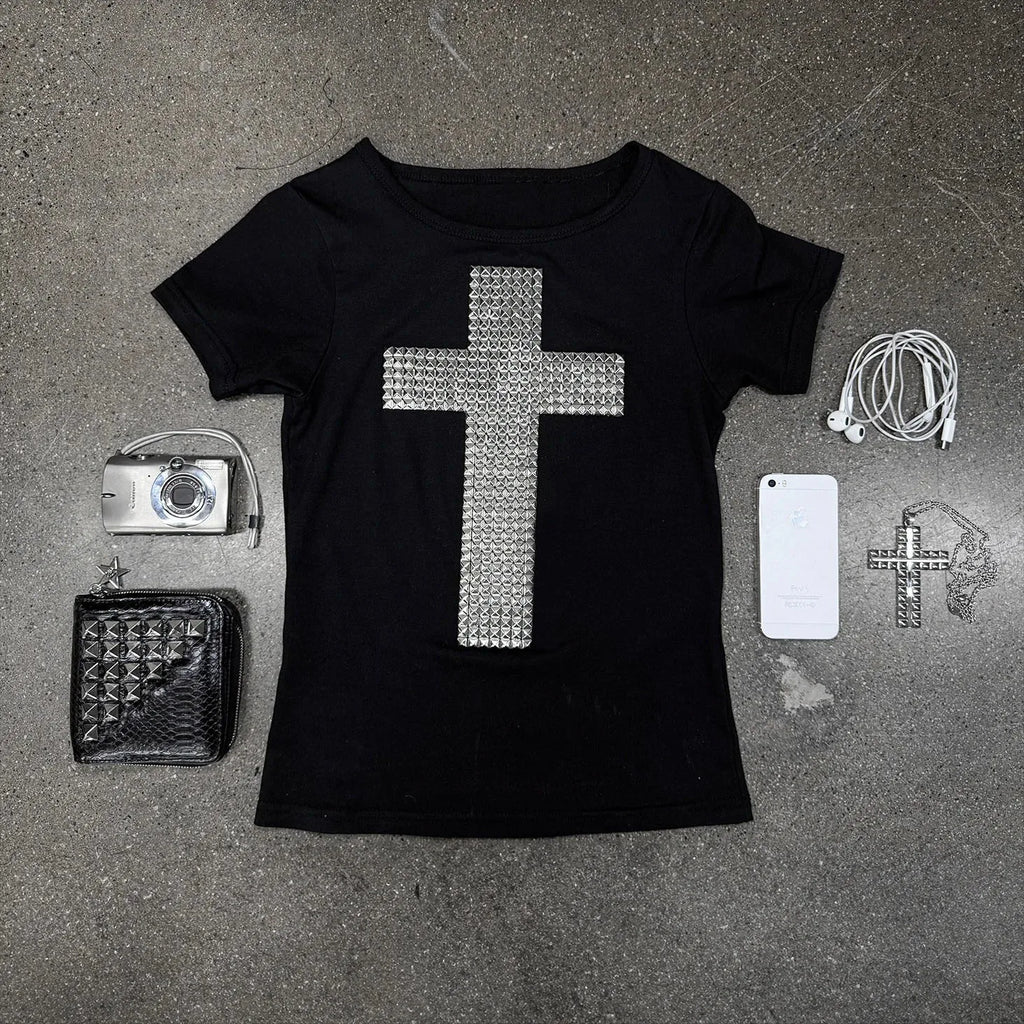 T-Shirt Crop Goth "RHINESTONE CROSS"
