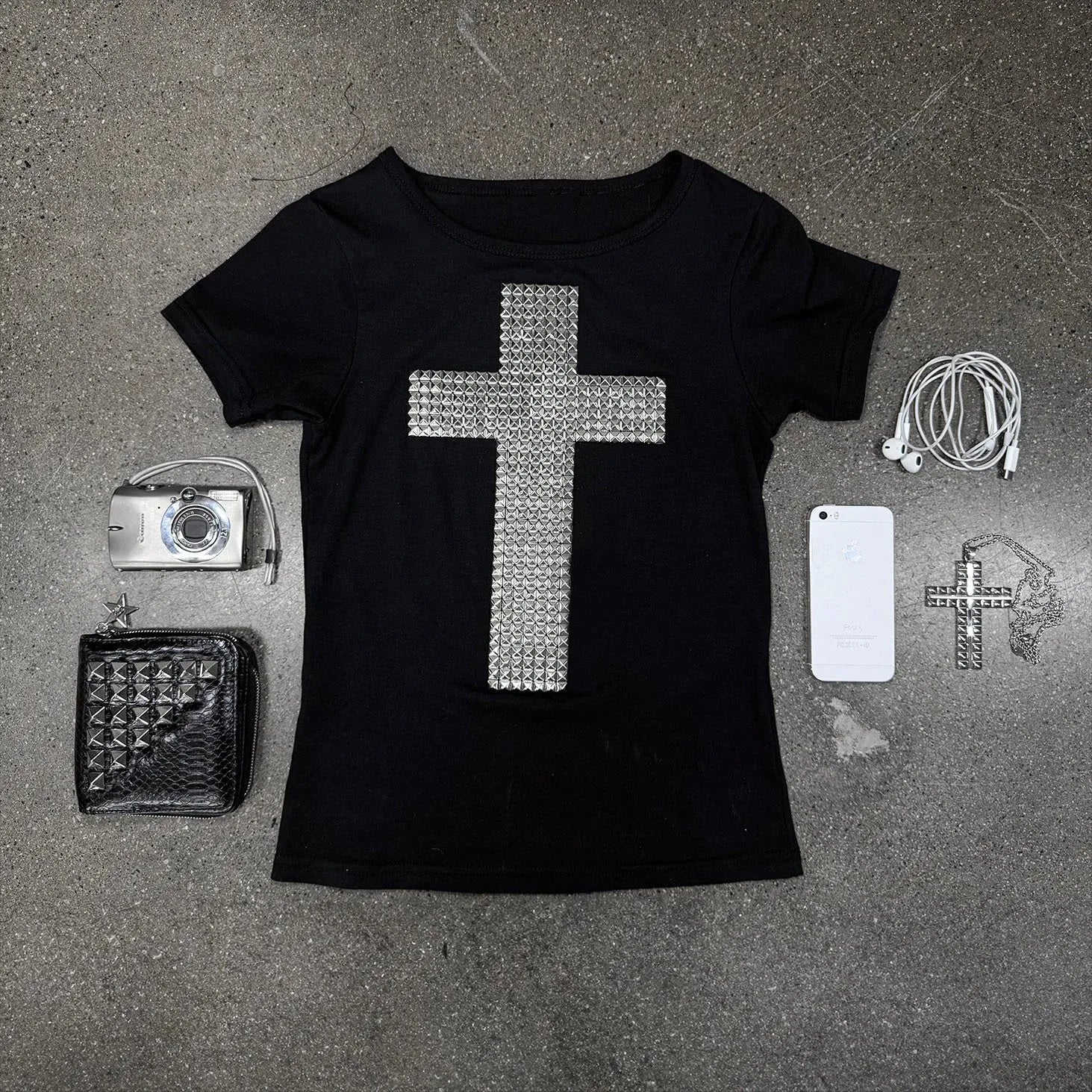 T-Shirt Crop Goth "RHINESTONE CROSS"