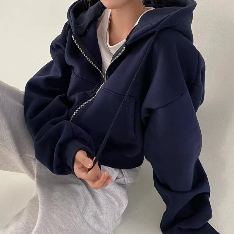 Casaco Hoodie Fleece Cropped Zip-Up