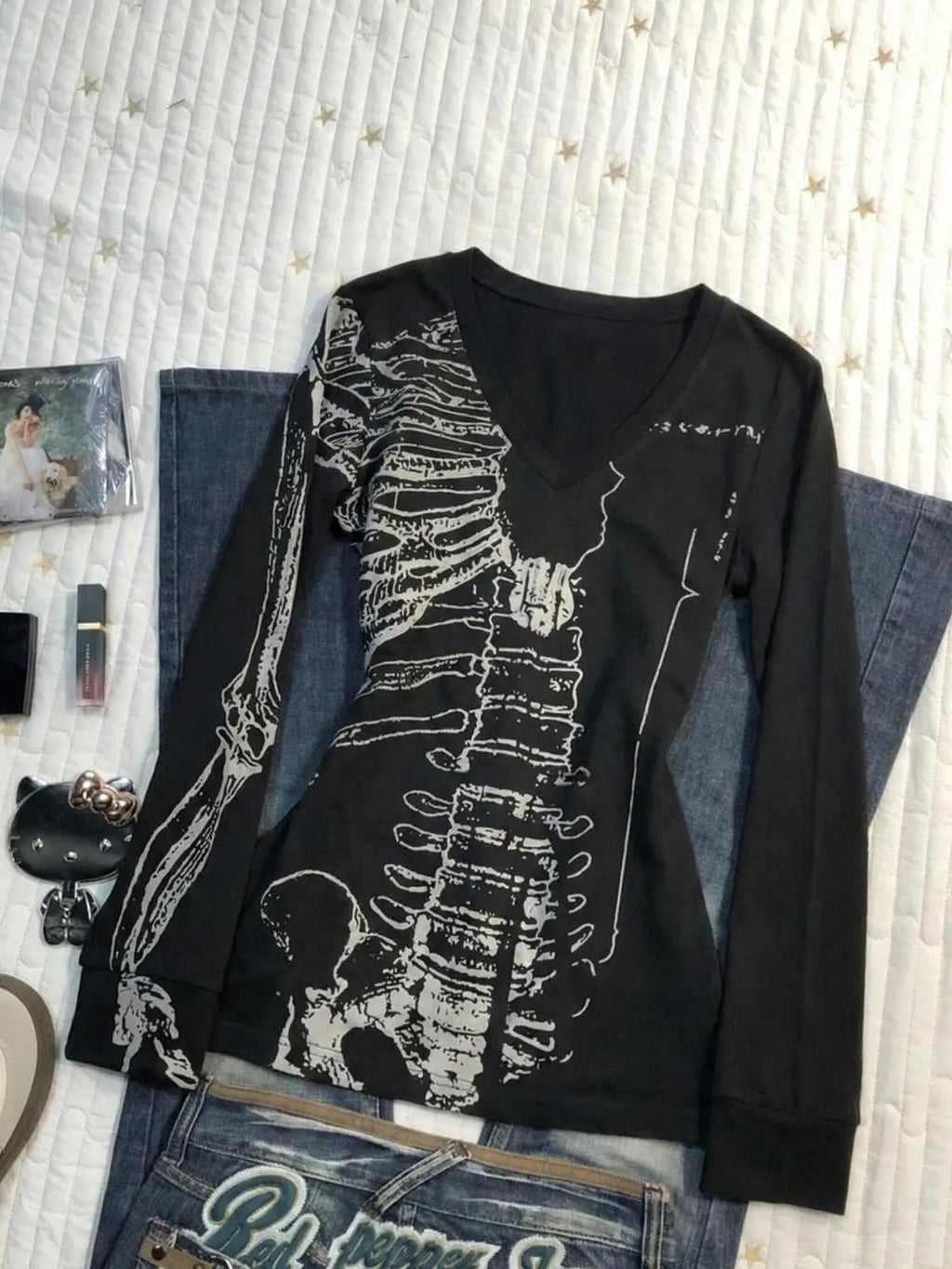 Camisola Manga Longa "SKELETON GOTH" Decote em V