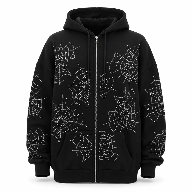 Casaco Hoodie Zip Spider Web Rhinestone