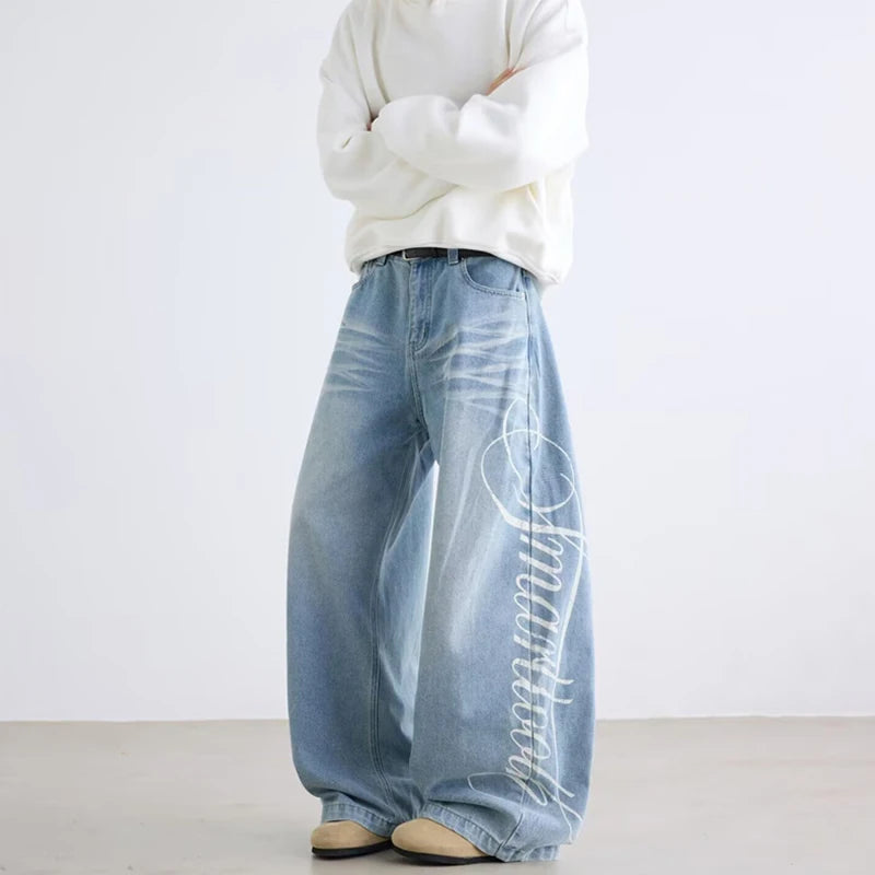 Calças Jeans Baggy Lettering Print Retro