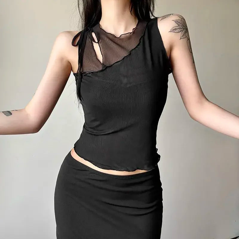 Top Y2K Asymmetrical Mesh Cutout