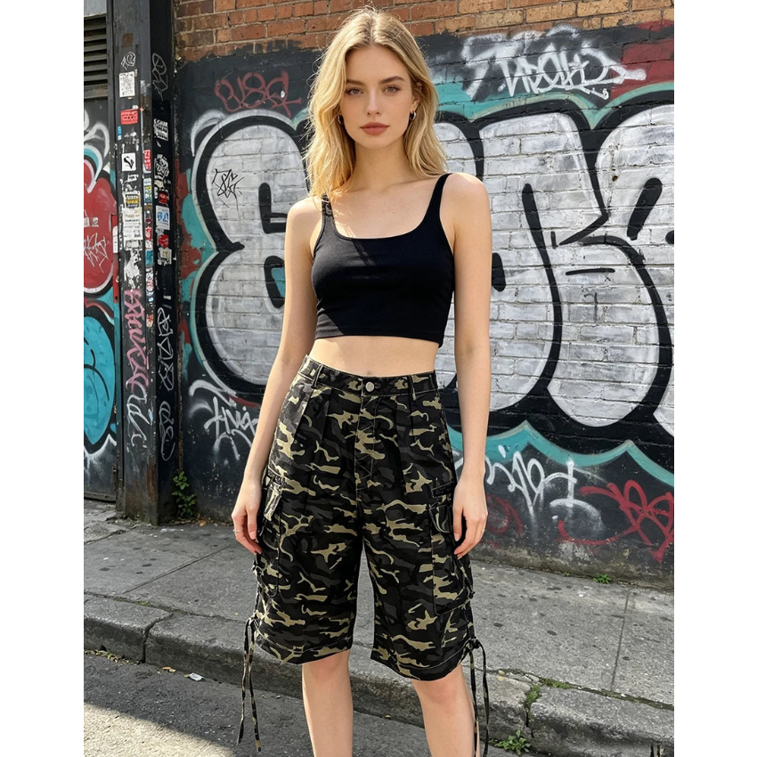 Calções Cargo Camuflados Y2K Drawstring