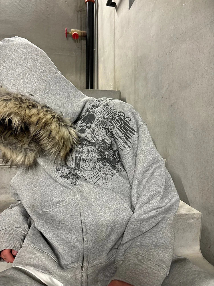 Casaco Hoodie Y2K Fur Hood Zip-Up