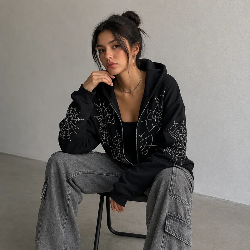 Casaco Hoodie Zip Spider Web Rhinestone