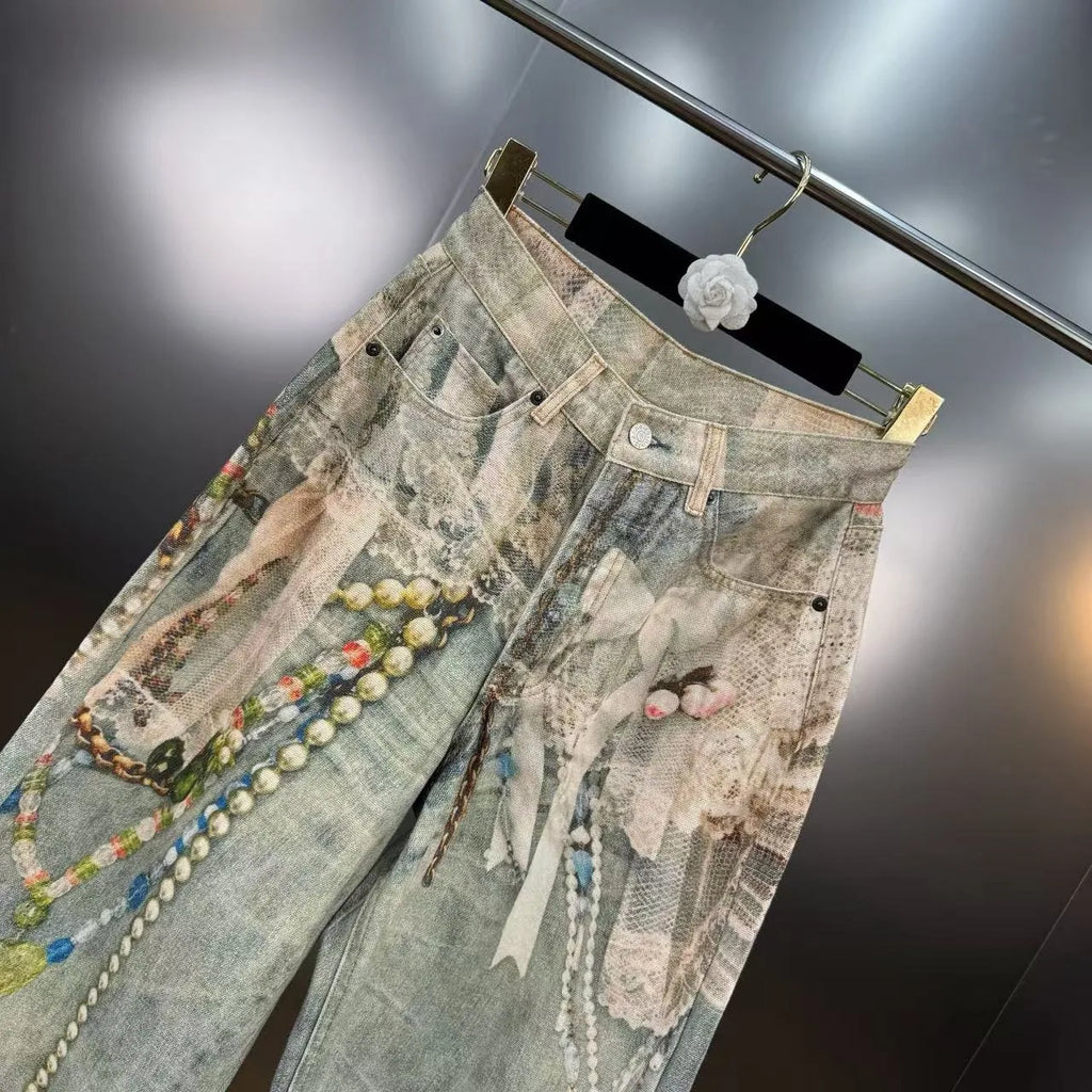 Calças Jeans Baggy Y2K Printed Pearl Chain