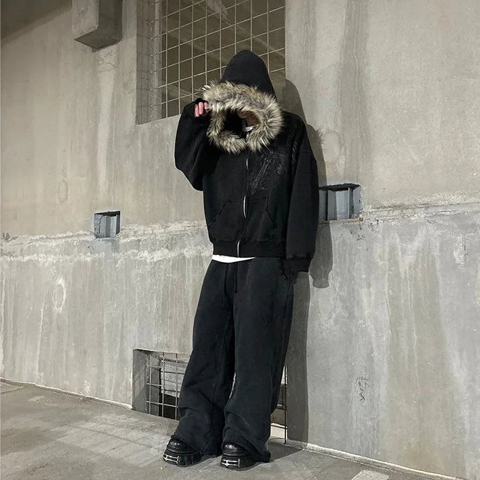 Casaco Hoodie Y2K Fur Hood Zip-Up