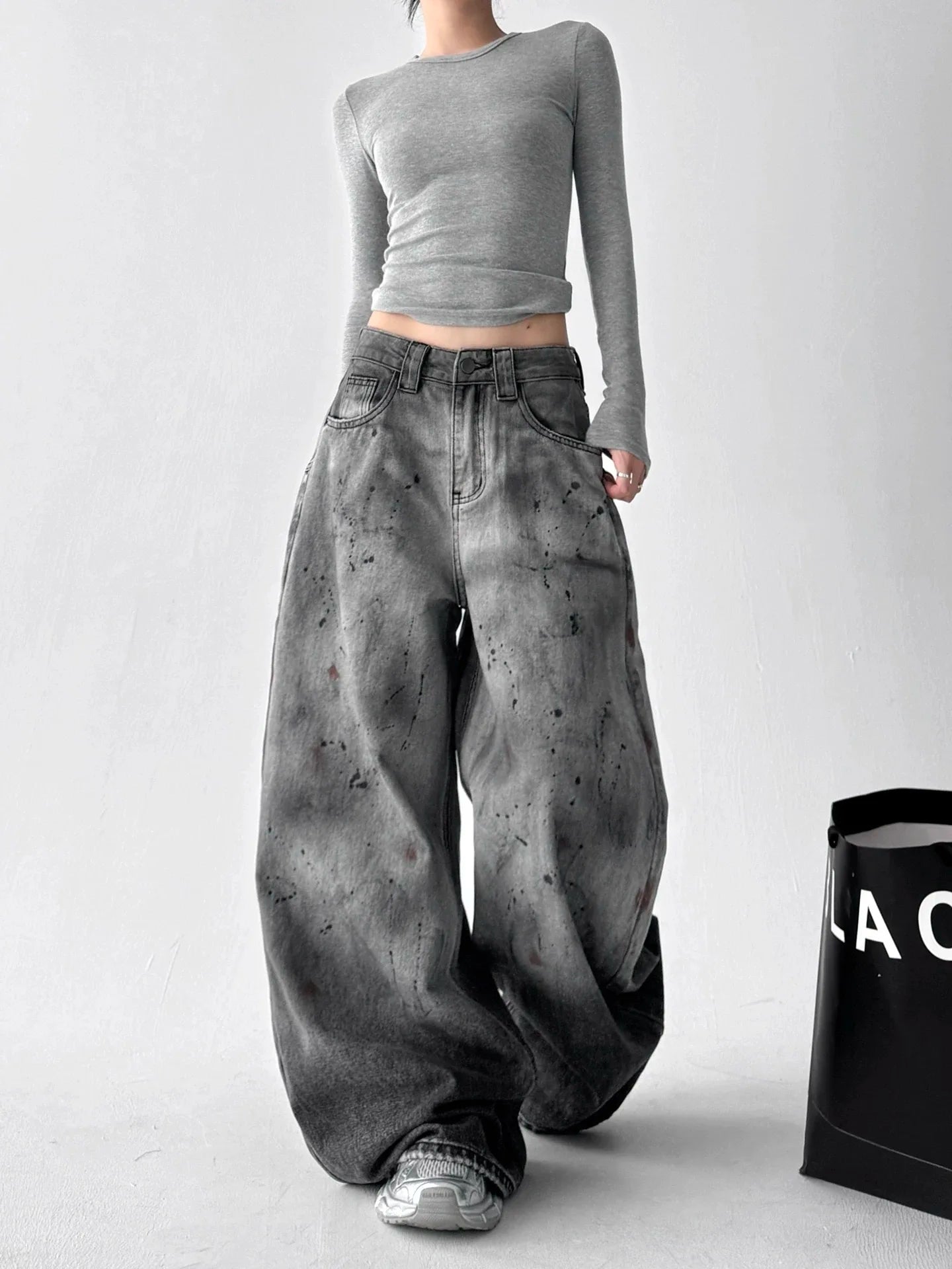 Calças Jeans Y2K Wide Leg Paint Splatter