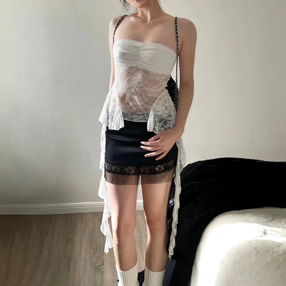 Top Cropped Corset de Renda com Cauda Lace