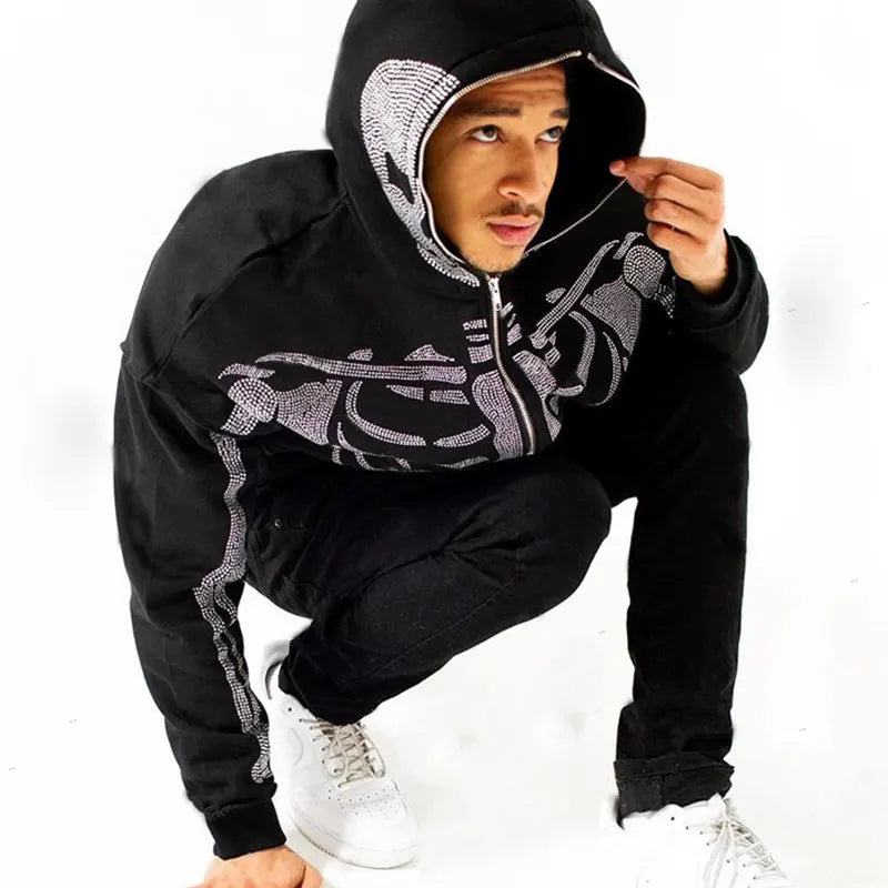 Casaco Full Zip Skeleton Rhinestone Oversized