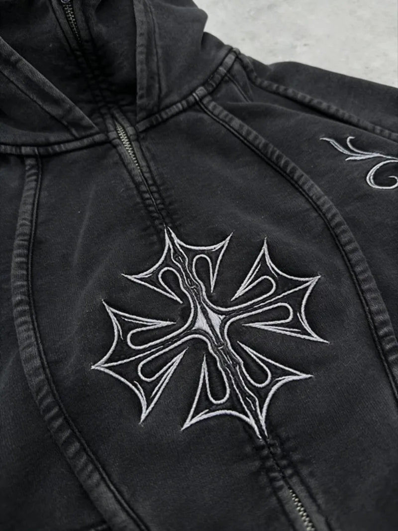 Casaco Zip Hoodie Cross Embroidered Washed