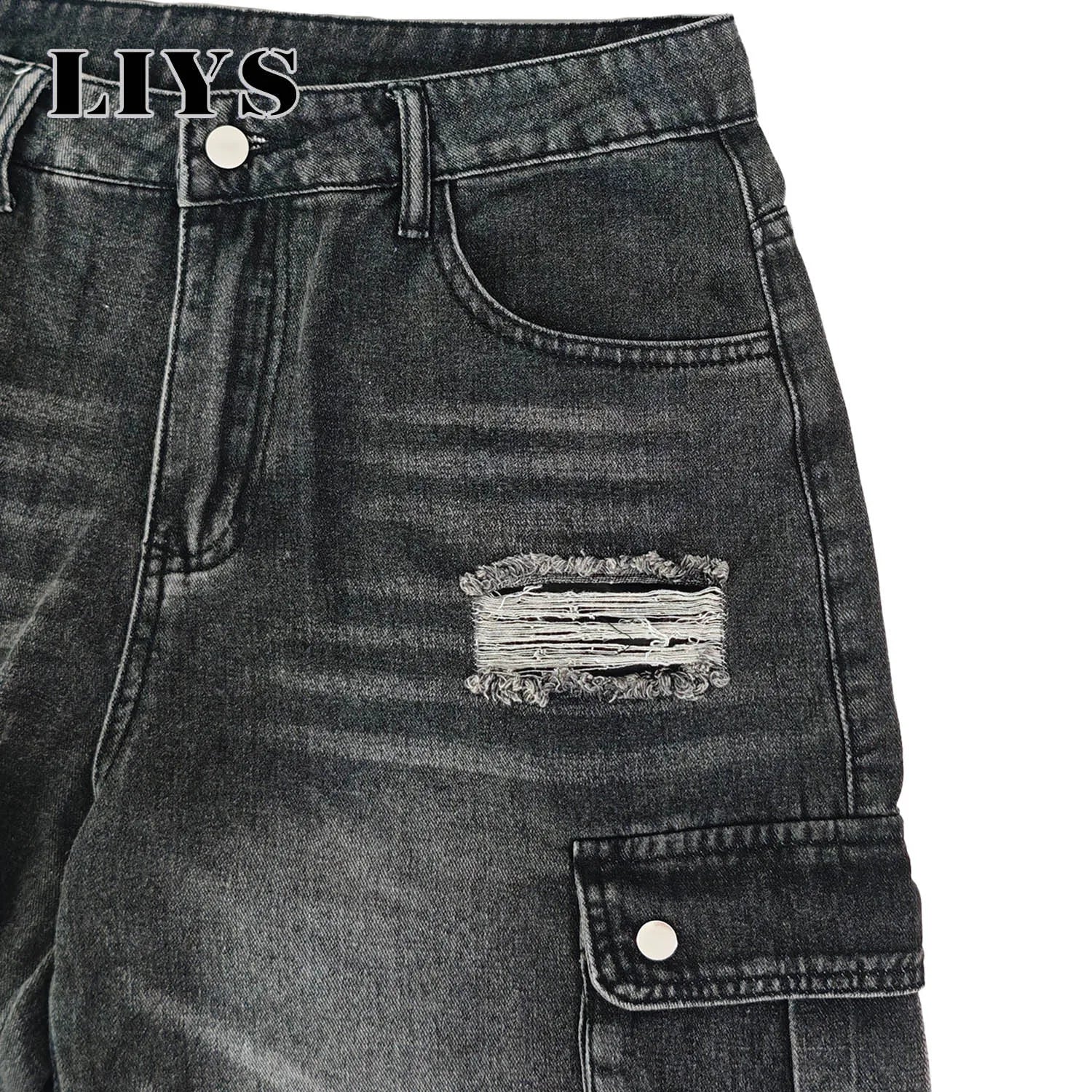 Calças Jeans Cargo Baggy Multi-Pocket Distressed